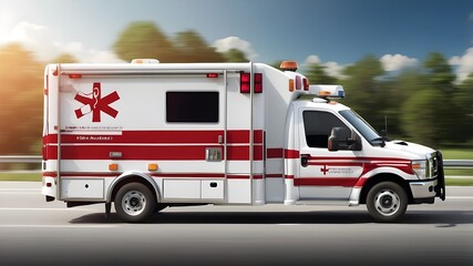 Design a wide banner featuring a medical ambulance vehicle or truck speeding on the way to provide accident or health care emergency services. Incorporate infographic information such as response time