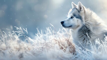 Obraz premium Siberian Husky in a whimsical winter wonderland, Fantasy, Cool tones, Illustration, Magical and enchanting background