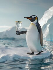 Fototapeta premium Illustration of Penguin enjoying sparkling water under a shimmering aurora borealis, detailed, vibrant colors, magical realism. Ai Generate.