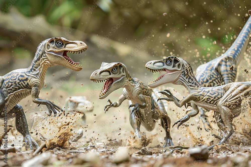 Poster a group of baby velociraptors pouncing and tackling each other in a friendly game of catch