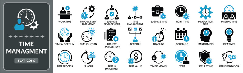 Time management icon set. Set of Time management, system management, business time flat icon EPS10- Stock Vector 