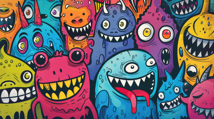 Smiling Cute Monster Doodles Vibrant and Cheerful Pattern with Happy Face
