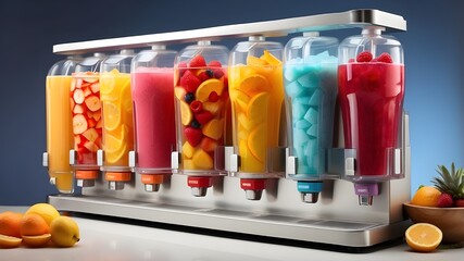 Illustrate a dispenser machine with a sleek and modern design, featuring multiple compartments or containers for dispensing various flavors of slush, smoothies, or fruit juices. Ensure that the machin