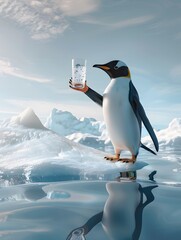 Illustration of Penguin enjoying sparkling water under a shimmering aurora borealis, detailed, vibrant colors, magical realism. Ai Generate.