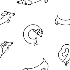 Cute cartoon long dachshund dog. Seamless pattern. Coloring Page. Puppy wagging tail. Funny pet character. Hand drawn style. Vector drawing. Design ornaments.