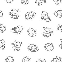 Cute kawaii little chick. Seamless pattern. Coloring Page. Cartoon baby farm birds characters. Hand drawn style. Vector drawing. Design ornaments.