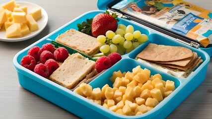 Place the lunch box in a school or classroom setting to create context for the concept of school lunch or snack time. Add elements like books, pencils, or a backpack to further emphasize the school en