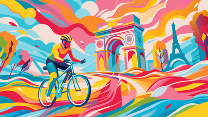 Fototapeta premium Vibrant Cyclist Touring Iconic European Landmarks Illustration. 