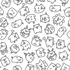 Fototapeta premium Cute kawaii little pig. Seamless pattern. Coloring Page. Smiling nice cartoon animal character. Hand drawn style. Vector drawing. Design ornaments.