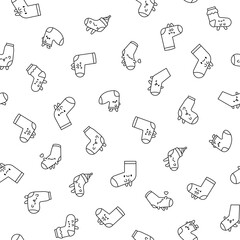 Cute kawaii socks cartoon character with different textures. Seamless pattern. Coloring Page. Hand drawn style. Vector drawing. Design ornaments.