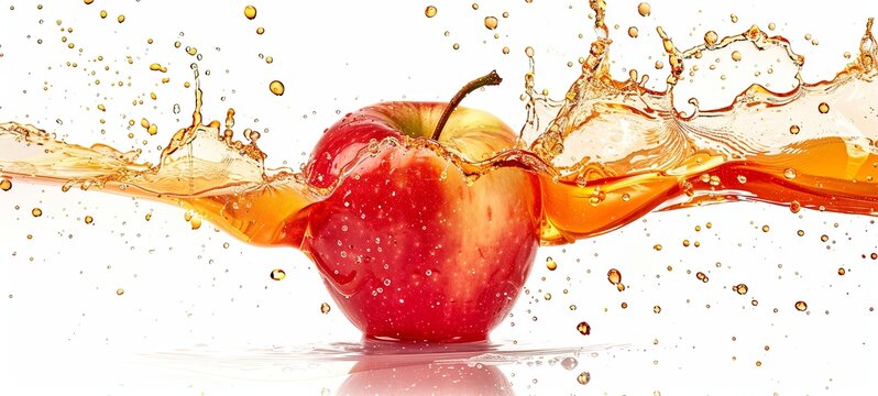 Fresh red apple with apple cider vinegar or juice splash isolated on white background. 