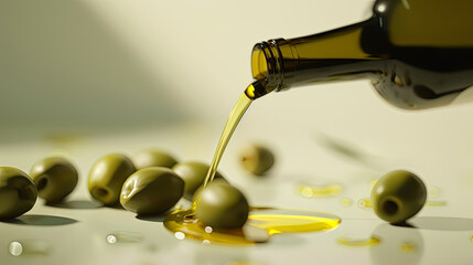 A bottle of olive oil is poured into a glass