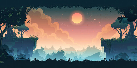 Landscape background, gaming level design backdrop gamer graphics style retro scrolling platform backgrounds, generated ai