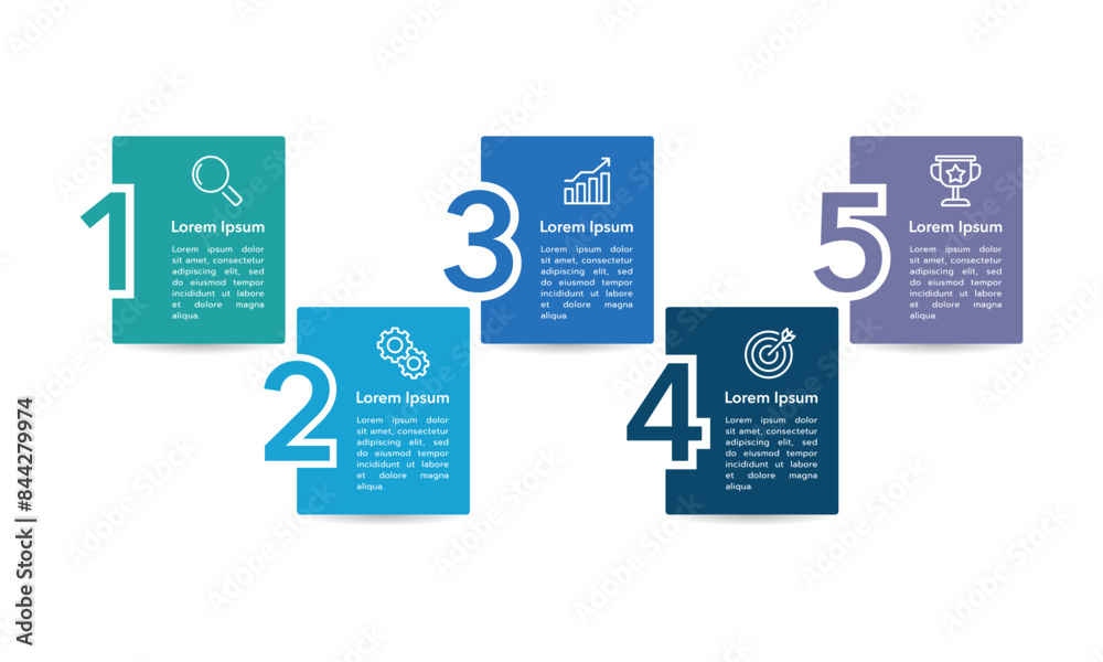 Wall mural Business visualization infographic square and number design template with 5 options, steps or processes. Business presentation. Vector illustration.