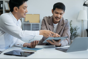 Fototapeta premium Business people discussing on performance revenue in meeting. businessman working with co-worker team. financial adviser analysing data with investor.