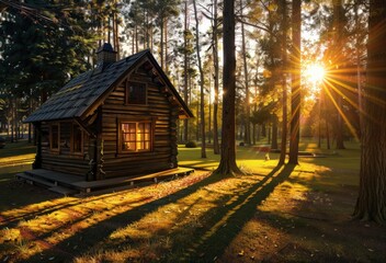 Rustic wooden cabin in a serene forest at sunset, with warm sunlight streaming through the trees creating a peaceful atmosphere.