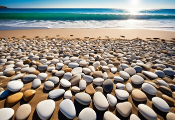Obraz premium A sunny beach adorned with various sized smooth stones offering a relaxing setting with copy space image for text or design