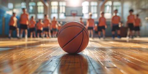 A team of young players training in an indoor facility with a basketball on a wooden court.