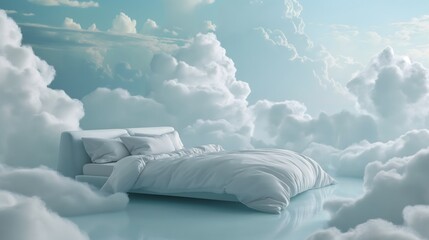5. Depict a tranquil sleeping oasis where a plush bed is surrounded by billowy clouds, creating a serene environment conducive to deep relaxation and peaceful sleep.