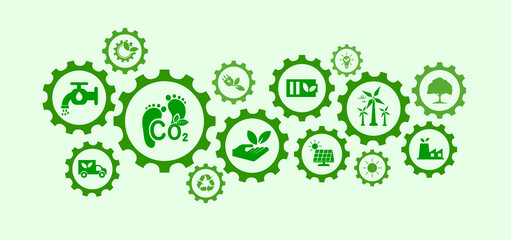 CO2 related vector includes icons such as greenhouse gas emission level, eco-friendly production, earth etc. with green icons.
