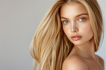 Fototapeta premium a woman with long blonde hair and a white top