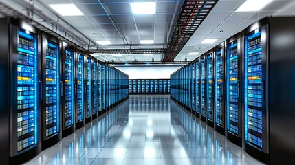  a data center, showing rows of servers running parallel to each other. 