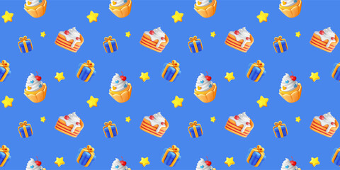 Vector seamless pattern of realistic blue color gift box with yellow ribbon and sweet cupcake on blue background. 3d style holiday seamless pattern design of cartoon present box and cake. Festive gift