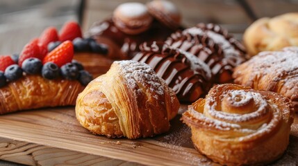 Pastries displayed on a wooden surface