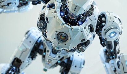 Fototapeta premium High-tech white robot with intricate design, displaying advanced mechanics and electronics in a futuristic setting.