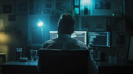 Back view of a businessman working on a computer in the middle of a room.