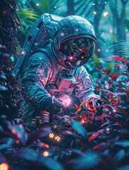 Futuristic astronaut explores glowing alien flora in a mystical forest, depicting a blend of sci-fi and fantasy in vibrant colors.