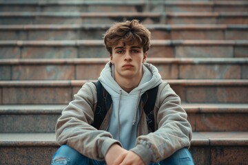 Obraz premium Distressed melancholy young man sitting outside on stairs.