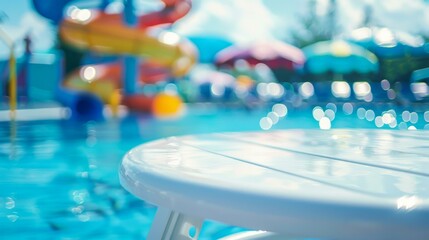 A close up of a white table next to an outdoor pool. Generative AI.