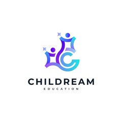 letter C with children carrying stars for education, care, childcare and orphanage logos