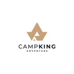 crown with camping tents and mountains for camping and nature activities app logo