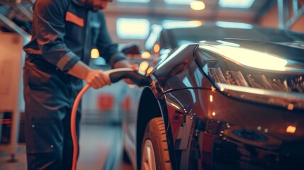 Electric Vehicle Technician Performing Maintenance in Well-Lit Garage with Copy Space. Close-up of EV Maintenance Specialist at Work.