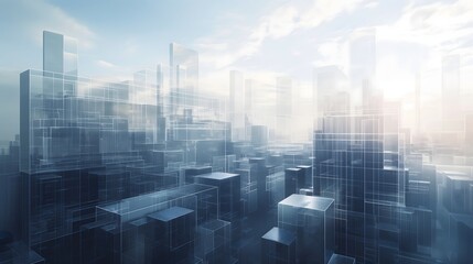 2. Create an image showcasing a futuristic urban environment dominated by transparent digital block buildings, illustrating the cutting-edge developments shaping tomorrow's real estate landscape.