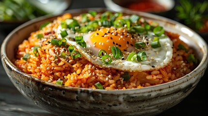 Flavorful Fusion: Kimchi Fried Rice Topped with a Perfectly Cooked Egg and Garnished with Green Onions