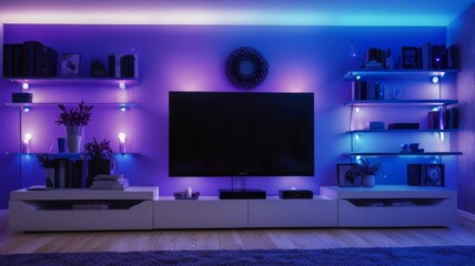 Naklejka premium realistic Design a living room. YouTube studio background. YouTube thumbnail background with a it RGB purppurple light setup, new gadgets, youtube silver button and soft and hard light one sile blue 