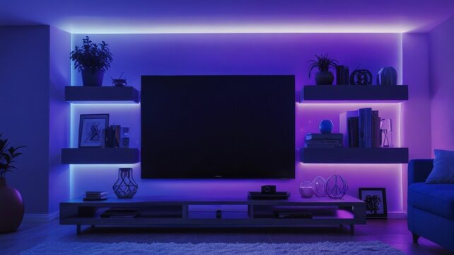 realistic Design a living room. YouTube studio background. YouTube thumbnail background with a it RGB purppurple light setup, new gadgets, youtube silver button and soft and hard light one sile blue 