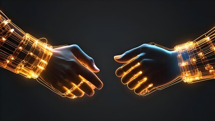 ai generated Illustration two wire-frame glowing hands, handshake, technology, business, trust concep