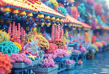 Colorful floral market stalls with a variety of vibrant flowers and plants creating a lively and festive atmosphere.