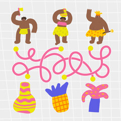 Jungle rain forest doodle maze with tribe people, chief, shaman, woman. Wild nature, mossy forest puzzle for kids, children. Funny cartoon style labyrinth with adorable characters