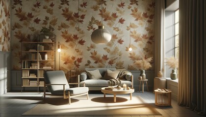 Serene study, autumn leaf wallpaper with muted tones, cozy seating, natural daylight, mid-angle view.