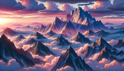Mountain peaks above clouds at dawn, dramatic lighting, anime style, aerial shot