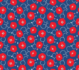 Japanese Round Flower Curl Branch Vector Seamless Pattern
