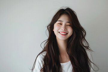 a woman with long hair smiling and wearing a white shirt