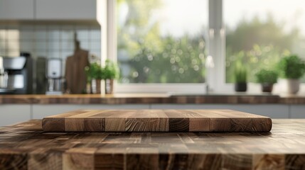 Selective focus.End grain wood counter top with cutting board on blur kitchen in morning window background. For montage product display, Generative ai