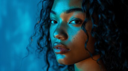 Portrait of a young woman with curly hair and dark skin. She is looking at the camera with a serious expression.