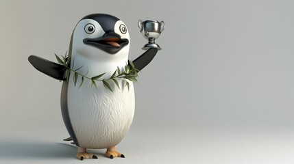 Obraz premium Illustration of Penguin celebrating a golf victory, holding a tiny trophy and wearing a laurel wreath. Ai Generate.